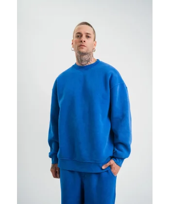 Unisex Uzun Kol Bisiklet Yaka Yıkamalı SweatShirt - Mavi