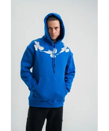 Unisex Uzun Kol Bisiklet Yaka Yıkamalı SweatShirt - Mavi