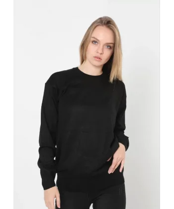 Unisex Uzun Kol Biskilet Yaka Dokuma Triko - Siyah