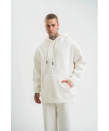 Unisex Uzun Kol Kapşonlu Eşofman Takım - Beyaz