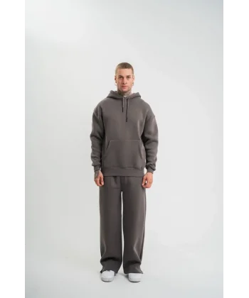 Unisex Uzun Kol Kapşonlu Eşofman Takım - Füme