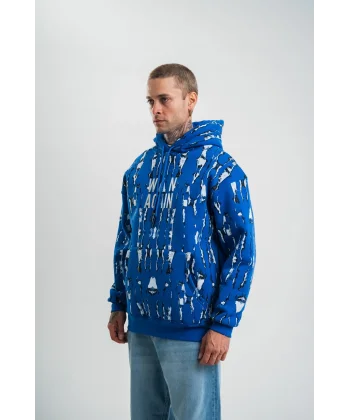 Unisex Uzun Kol Kapşonlu Pano Baskılı SweatShirt - Mavi