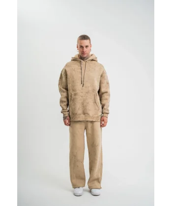 Unisex Uzun Kol Kapşonlu Yıkamalı Eşofman Takım - Bej