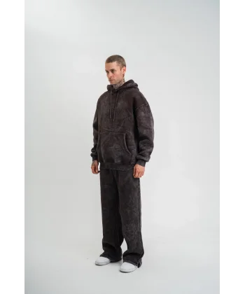 Unisex Uzun Kol Kapşonlu Yıkamalı Eşofman Takım - Kahve