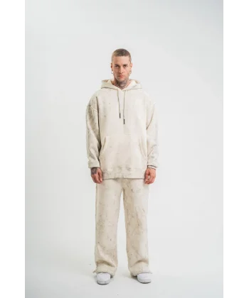 Unisex Uzun Kol Kapşonlu Yıkamalı Eşofman Takım - Krem