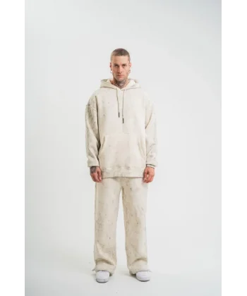 Unisex Uzun Kol Kapşonlu Yıkamalı Eşofman Takım - Krem