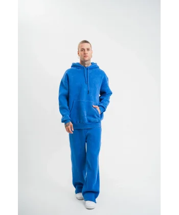 Unisex Uzun Kol Kapşonlu Yıkamalı Eşofman Takım - Mavi