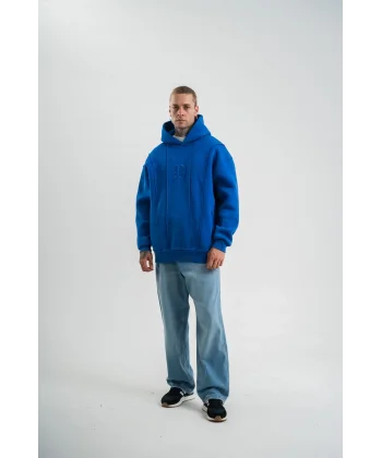 Unisex Uzun Kol Kapşonlu Yıkamalı Nakışlı SweatShirt - Mavi