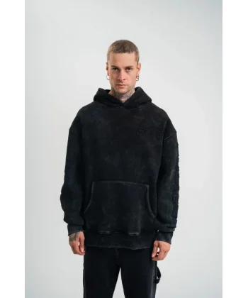 Unisex Uzun Kol Kapşonlu Yıkamalı Nakışlı SweatShirt - Siyah