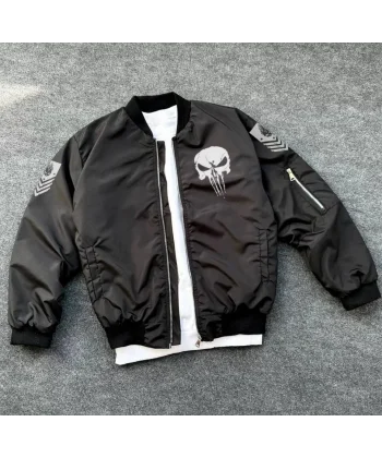 Unisex Uzun Kol Kuru Kafa Baskılı Bomber Ceket - Siyah