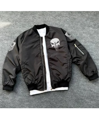 Siyah Askeri Tarz Bomber Mont – Unisex, Punisher Skull Detaylı, Fermuarlı, Cepli, Uzun Kollu, Bahar ve Kış Günlük Moda İçin Uygun - Siyah
