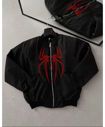 Örümcek Desenli Siyah Bomber Mont – Unisex Kullanıma Uygun, Fermuarlı Cepli, Kapitone Astarlı, Bahar Kış Günlük Giyim İçin Moda Ceket Modeli - Siyah
