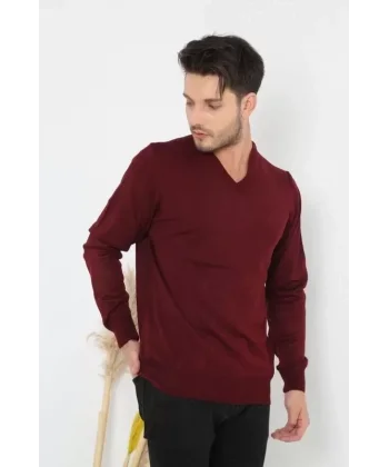 Unisex Uzun Kol V Yaka Triko Kazak - Bordo