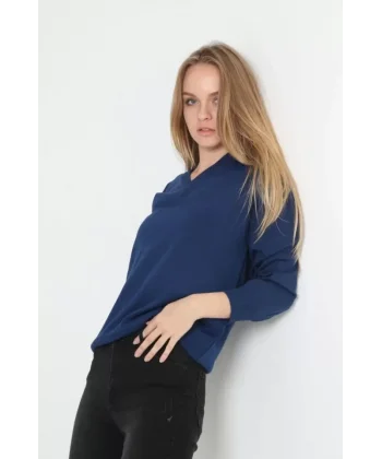 Unisex Uzun Kol V Yaka Triko Kazak - Indigo