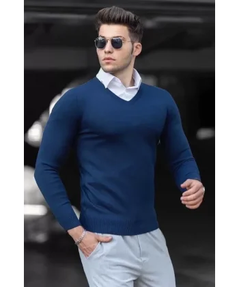 Unisex Uzun Kol V Yaka Triko Kazak - Indigo