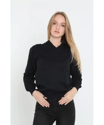 Unisex Uzun Kol V Yaka Triko Kazak - Siyah