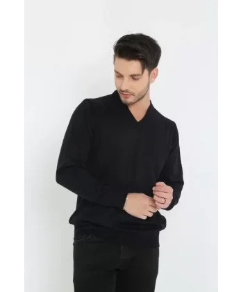 Unisex Uzun Kol V Yaka Triko Kazak - Siyah