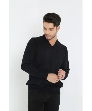 Unisex Uzun Kol V Yaka Triko Kazak - Siyah