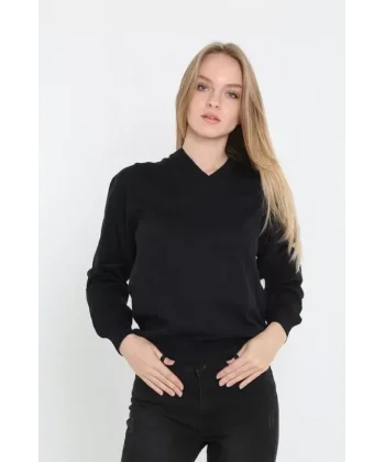 Unisex Uzun Kol V Yaka Triko Kazak  Siyah