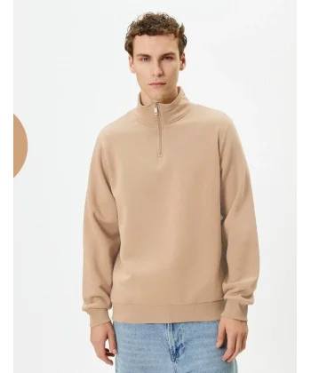 Unisex Uzun Kol Yarım Farmuarlı Yakalı Basic SweatShirt - Bej