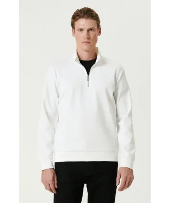 Unisex Uzun Kol Yarım Farmuarlı Yakalı Basic SweatShirt - Beyaz