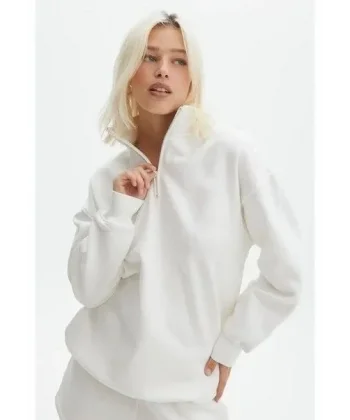 Unisex Uzun Kol Yarım Farmuarlı Yakalı Basic SweatShirt - Beyaz