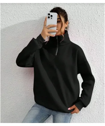 Unisex Uzun Kol Yarım Farmuarlı Yakalı Basic SweatShirt - Siyah