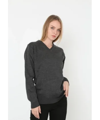 Unisex V Yaka Triko Kazak - Antrasit