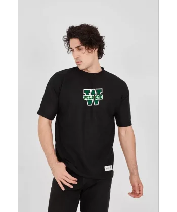 Unisex Waffle Kumaş Çift Katlamalı Kol Baskılı T-Shirt - Siyah