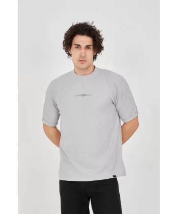 Unisex Waffle Kumaş Rahat Kol T-Shirt - Boyalı Gri