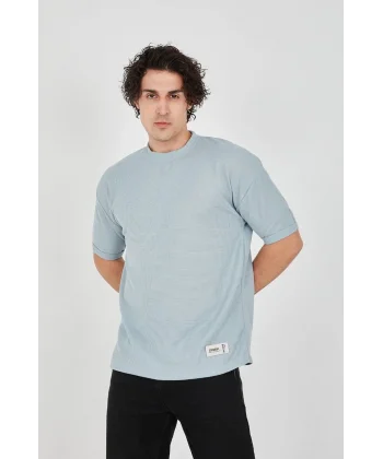 Unisex Waffle Kumaş Rahat Kol T-Shirt - Buz Mavisi