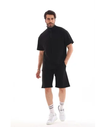 Unisex Yakalı Fermuarlı Oversize T-Shirt Şortlu Takım - Siyah