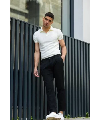 Unisex Yakalı Triko T-Shirt - Beyaz