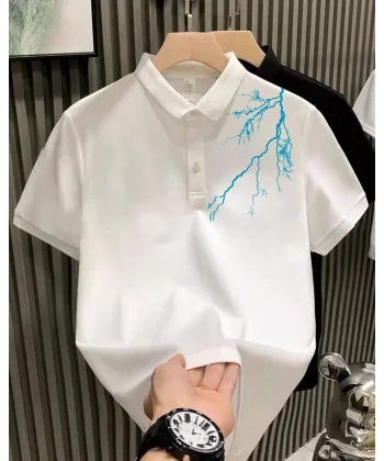 Unisex Yakası Düğmeli Oversize Baskılı T-Shirt - Beyaz