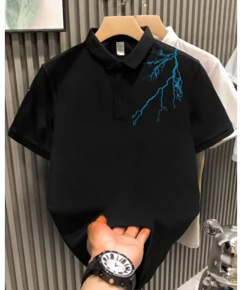 Unisex Yakası Düğmeli Oversize Baskılı T-Shirt - Siyah