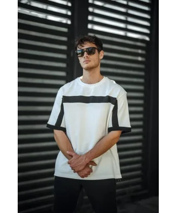 Unisex Yandan Fermuarlı Parçalı T-Shirt - Beyaz