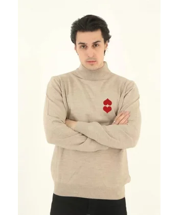 Unisex Yarım Boğazlı Baskılı Dokuma Triko - Bej