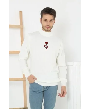 Unisex Yarım Boğazlı Baskılı Dokuma Triko - Beyaz