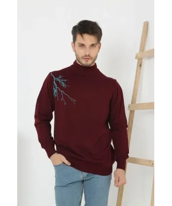 Unisex Yarım Boğazlı Baskılı Dokuma Triko - Bordo