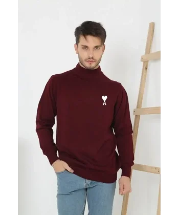 Unisex Yarım Boğazlı Baskılı Dokuma Triko - Bordo