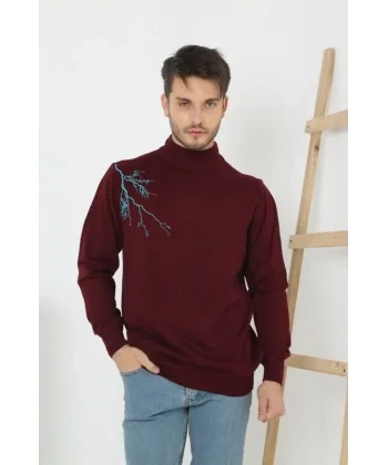Unisex Yarım Boğazlı Baskılı Dokuma Triko - Bordo