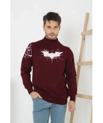 Unisex Yarım Boğazlı Baskılı Dokuma Triko - Bordo
