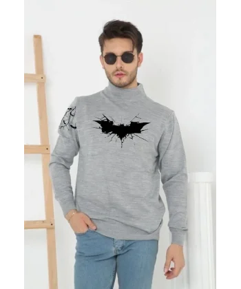 Unisex Yarım Boğazlı Baskılı Dokuma Triko -Gri