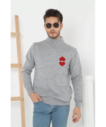 Unisex Yarım Boğazlı Baskılı Dokuma Triko - Gri