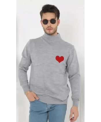 Unisex Yarım Boğazlı Baskılı Dokuma Triko - Gri