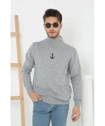 Unisex Yarım Boğazlı Baskılı Dokuma Triko - Gri