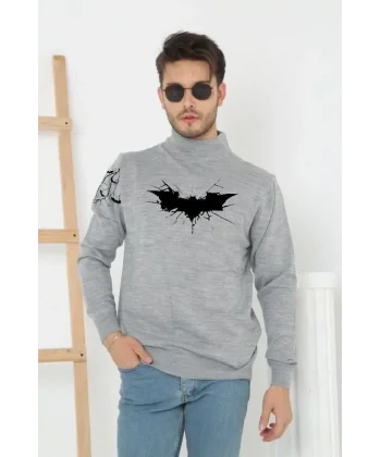 Unisex Yarım Boğazlı Baskılı Dokuma Triko -Gri