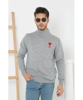 Unisex Yarım Boğazlı Baskılı Dokuma Triko - Gri