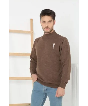 Unisex Yarım Boğazlı Baskılı Dokuma Triko - Kahve