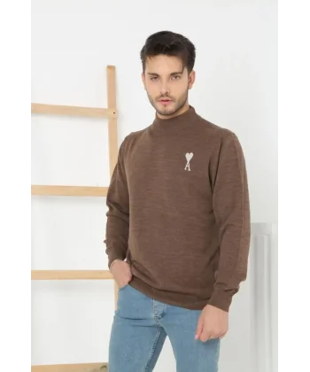 Unisex Yarım Boğazlı Baskılı Dokuma Triko - Kahve